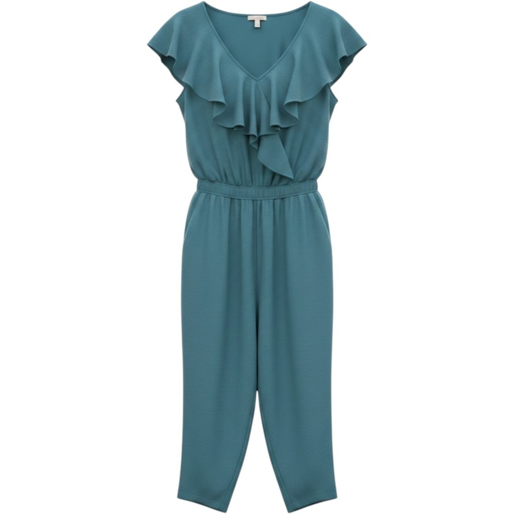 Kiyonna Jumpsuit Teal Blue Ruffle V-Neck Flutter Sleeve Women 2X